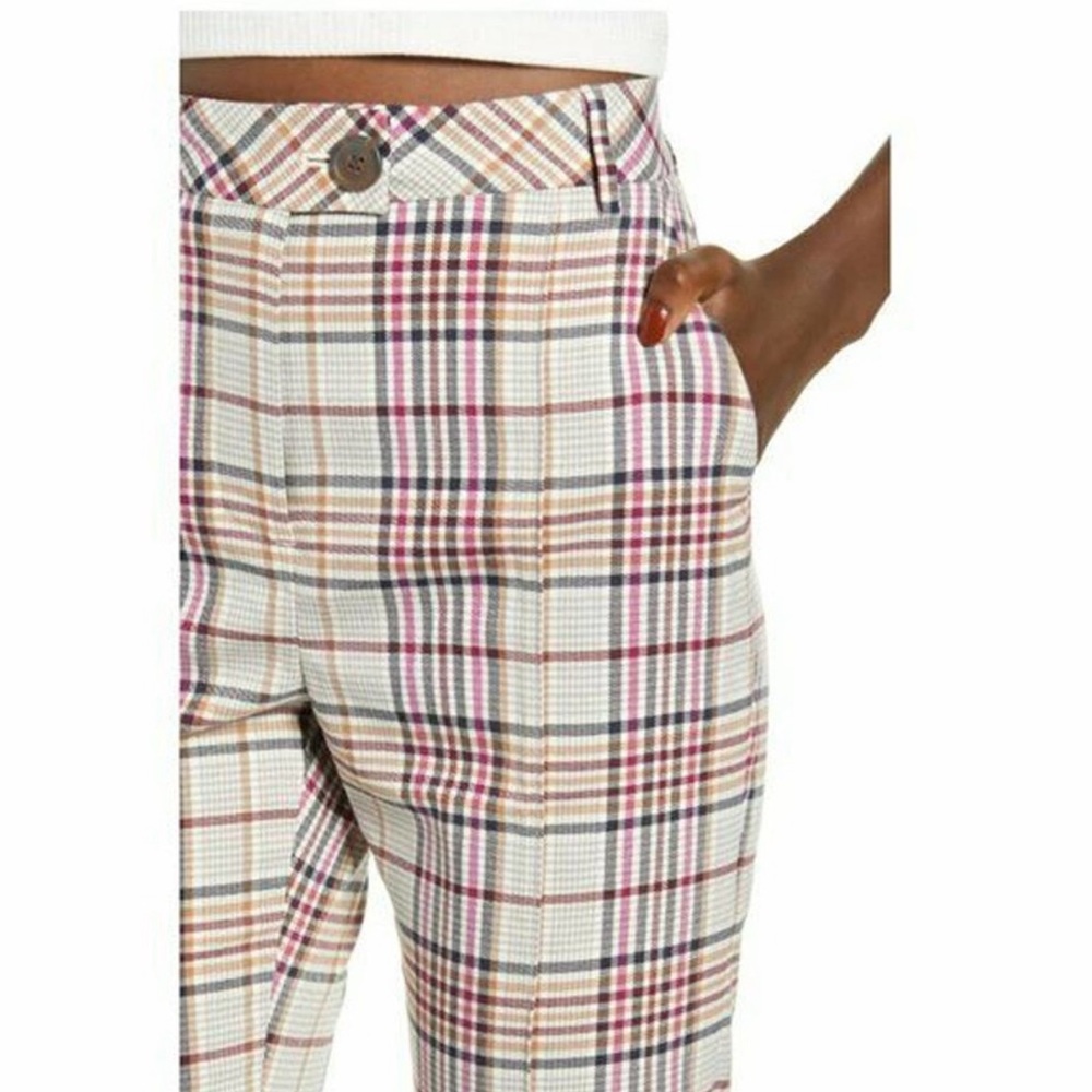 Leith Anthropologie Ivory Arlette Colorful Plaid High Waist Straight Pants Small - Picture 8 of 9